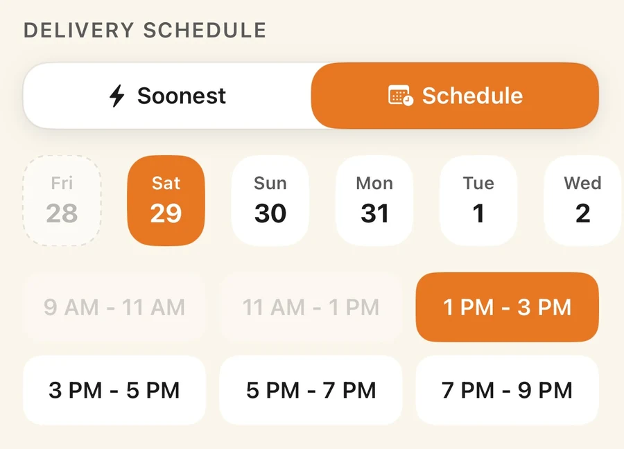 A delivery scheduler showing a row of dates and a grid of two hour time windows, some available and some greyed out